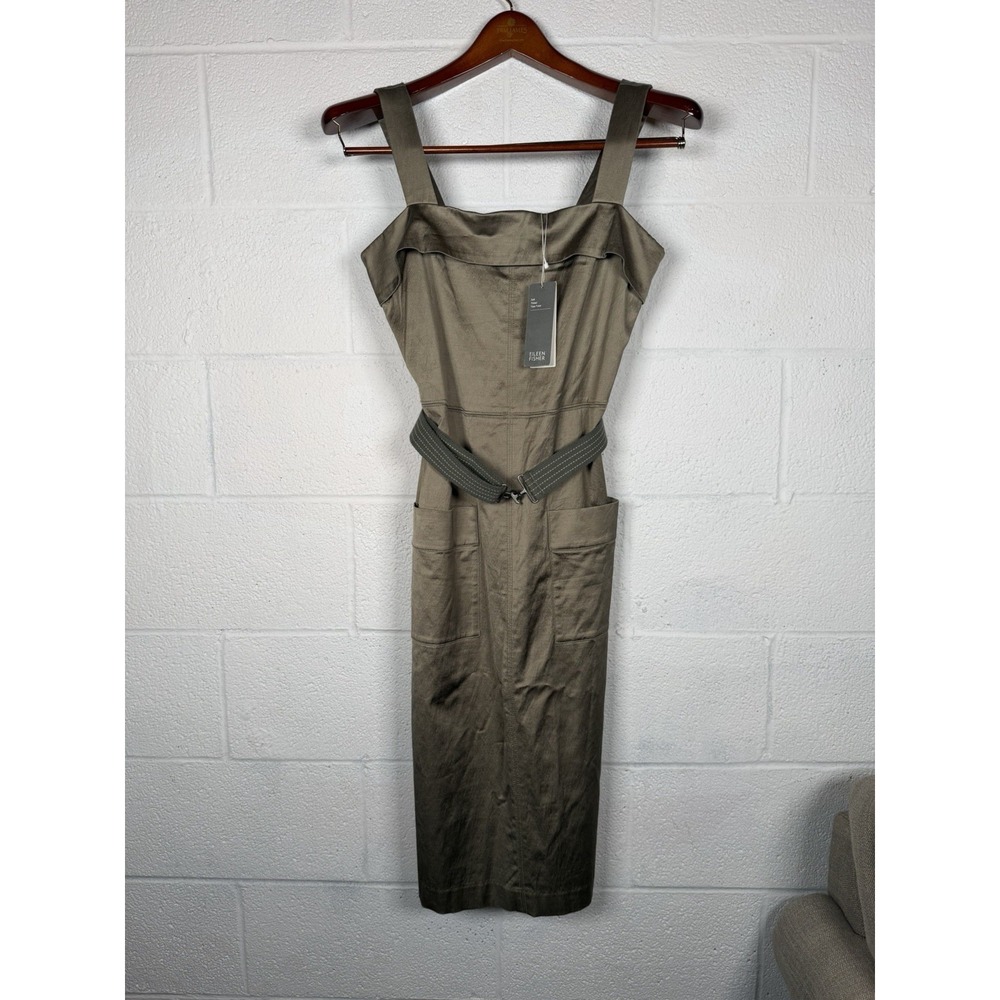 Eileen Fisher Midi Dress Petite Medium NWT Belted Sage Taupe Rayon Cotton